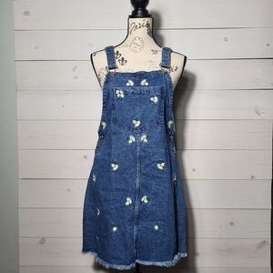 H&M Women's Denim Overall Dress Floral Daisy Embroidery Cotton Raw Hem